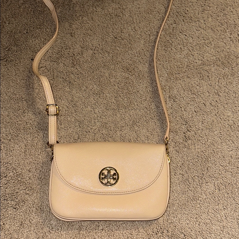 Tory Burch Cream Crossbody Bag with Flap Closure